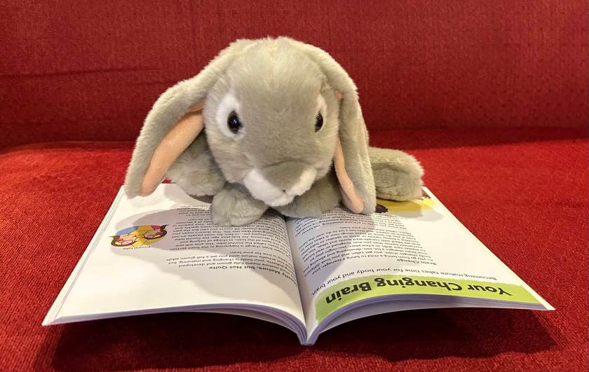 Sprinkles is reading The Care & Keeping of You 2: The Body Book for Older Girls, written by Cara Natterson and illustrated by Josée Masse.