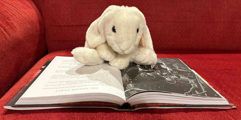 Marshmallow is reading The Hunger Games: The Illustrated Edition written by Suzanne Collins and illustrated by Nico Delort. 