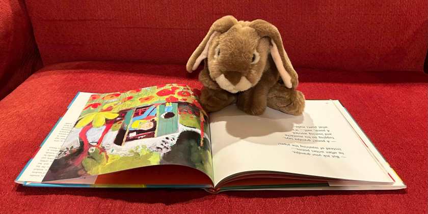 Caramel is reading This is a Poem That Heals Fish, written by Jean-Pierre Siméon, illustrated by Olivier Tallec and translated by Claudia Zoe Bedrick.