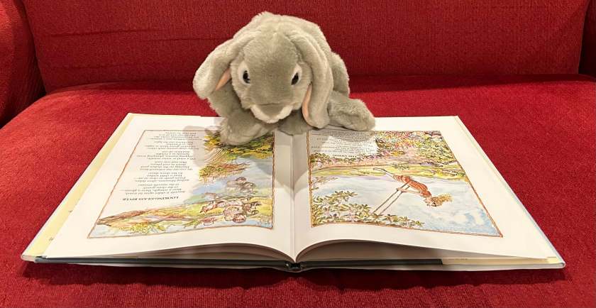 Sprinkles is reading A Child's Garden of Verses, a collection of children's poems written by Robert Louis Stevenson and illustrated by Tasha Tudor.