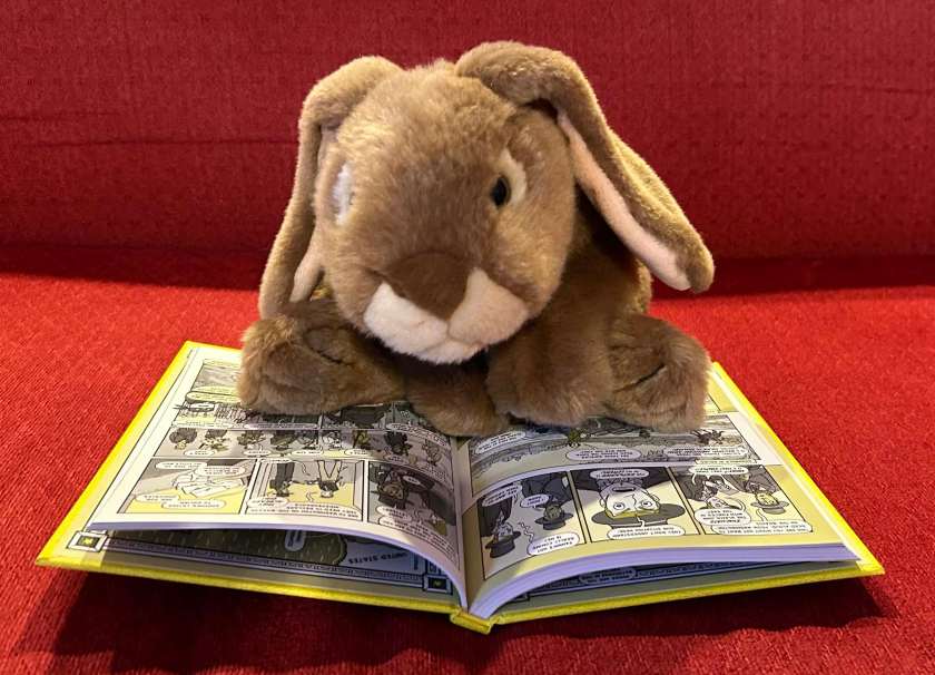 Caramel is reading Nathan Hale’s Hazardous Tales #6: Alamo All-Stars by Nathan Hale.