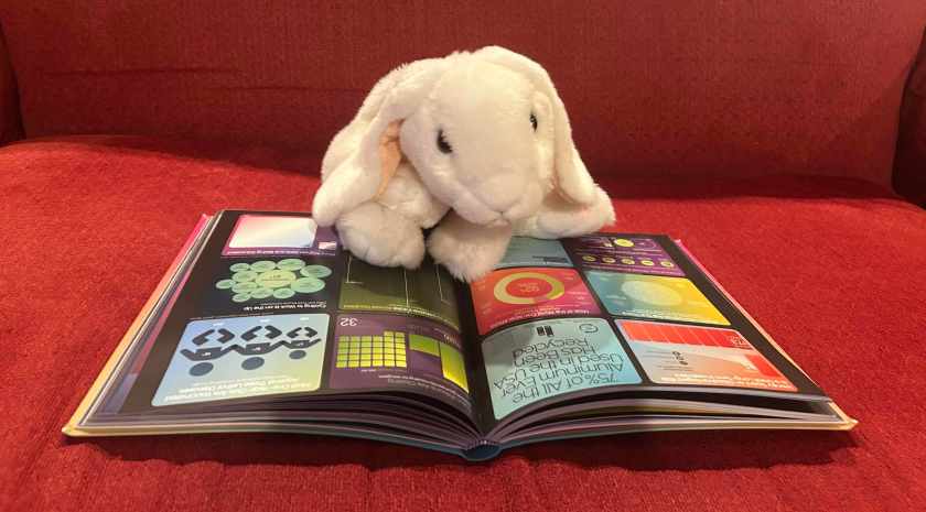 Marshmallow is reading Beautiful News: Positive Trends, Uplifting Stats, Creative Solutions by David McCandless.