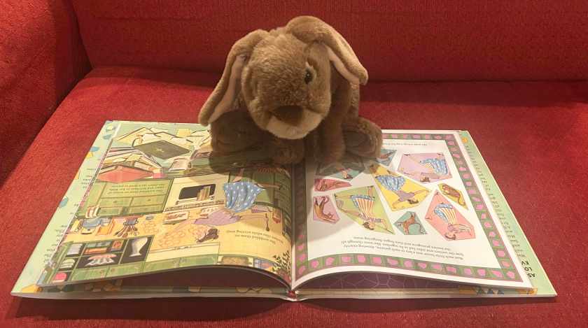 Caramel is reading The Five Sides of Marjorie Rice: How to Discover a Shape, written by Amy Alznauer and illustrated by Anna Bron.