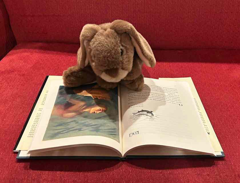 Caramel is reading Mysterious Tales of Japan, written by Rafe Martin and illustrated by Tatsuro Kiuchi.