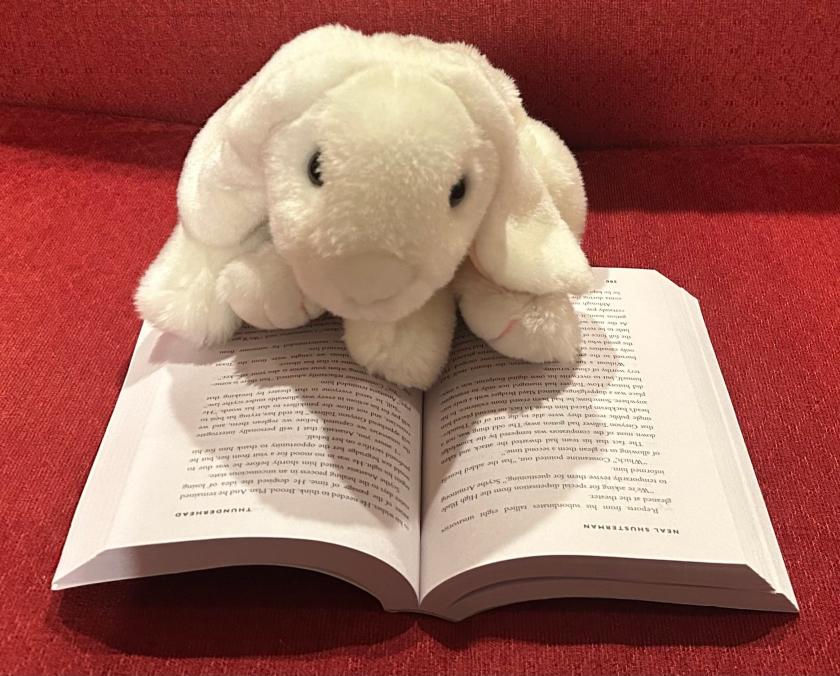 Marshmallow is reading Thunderhead by Neal Schusterman.