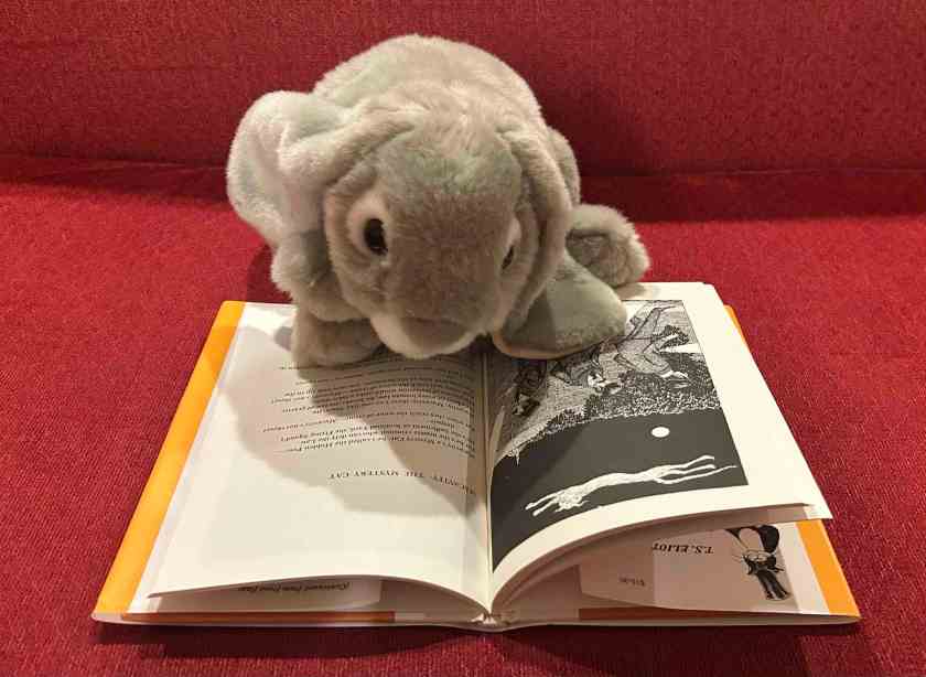 Sprinkles is reading "Macavity: The Mystery Cat" in Old Possum's Book of Practical Cats by T.S. Eliot.